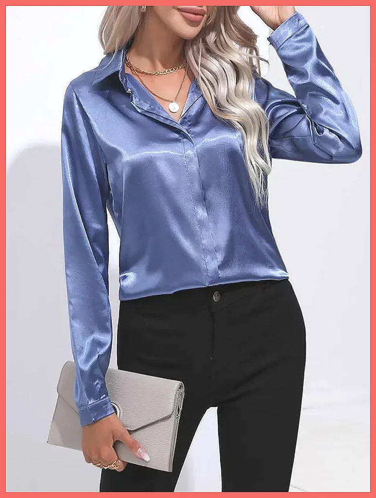 2025 Spring Summer Satin Shirt for Women, V-Neck Long Sleeve Silk Blouse Loose Office Shirt in Black White