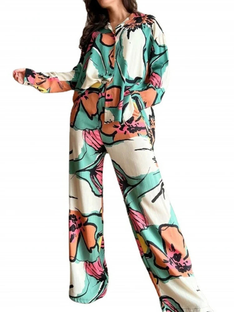 2 Pieces Women's Sets 2023 Summer Spring Flower Print Blouse Shirt Suit Tops And Pants Suits Two Piece Set Tracksuit Outfit