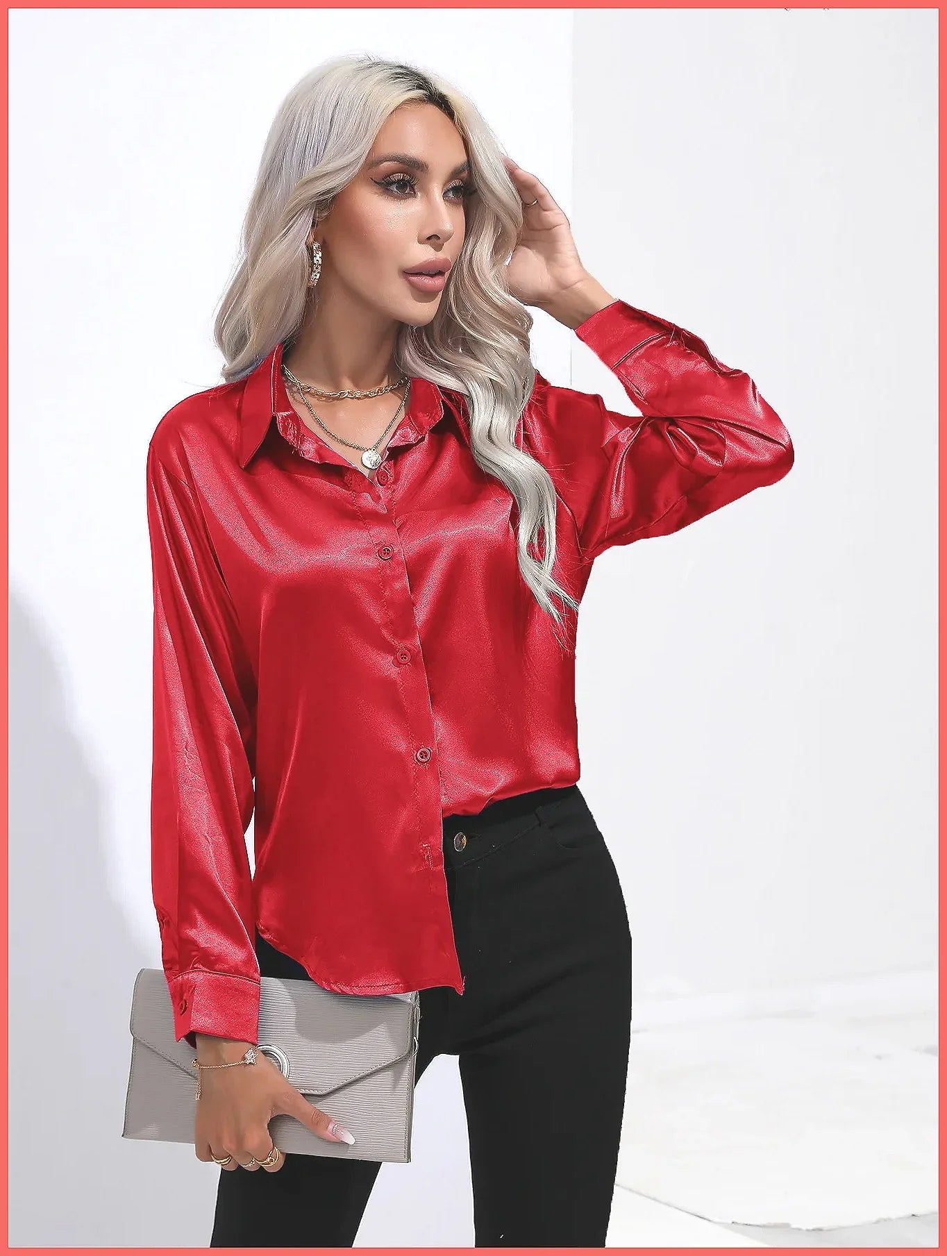 2025 Spring Summer Satin Shirt for Women, V-Neck Long Sleeve Silk Blouse Loose Office Shirt in Black White