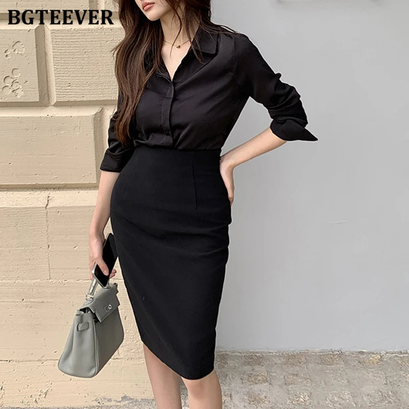BGTEEVER Spring Summer Slim Ladies 2 Pieces Set Elegant Single-breasted Loose Shirts Blouses & Package Hip High Waist Skirts