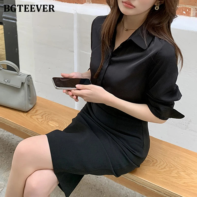 BGTEEVER Spring Summer Slim Ladies 2 Pieces Set Elegant Single-breasted Loose Shirts Blouses & Package Hip High Waist Skirts