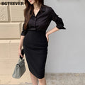 BGTEEVER Spring Summer Slim Ladies 2 Pieces Set Elegant Single-breasted Loose Shirts Blouses & Package Hip High Waist Skirts