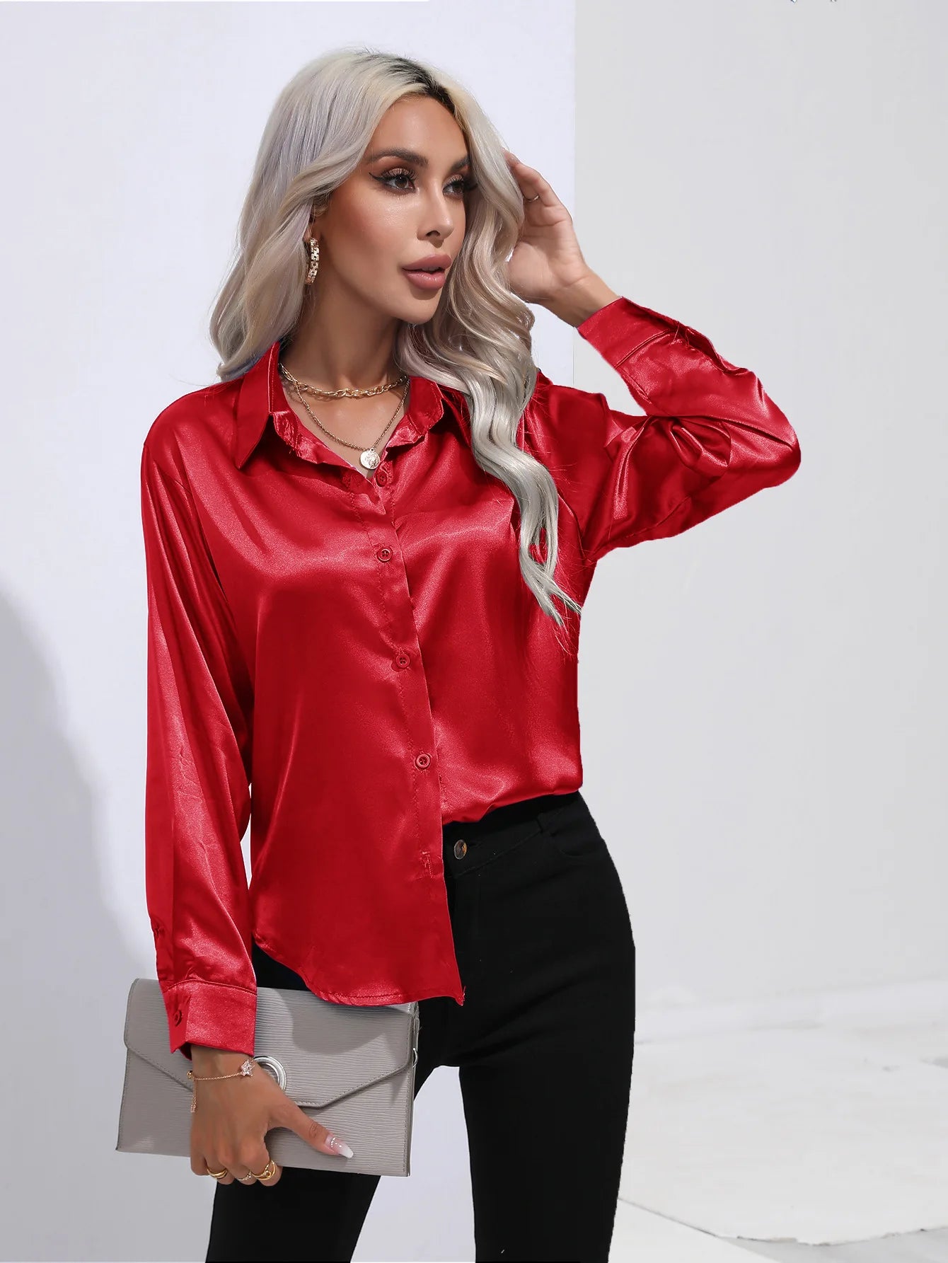2025 Spring Summer Satin Shirt for Women, V-Neck Long Sleeve Silk Blouse Loose Office Shirt in Black White