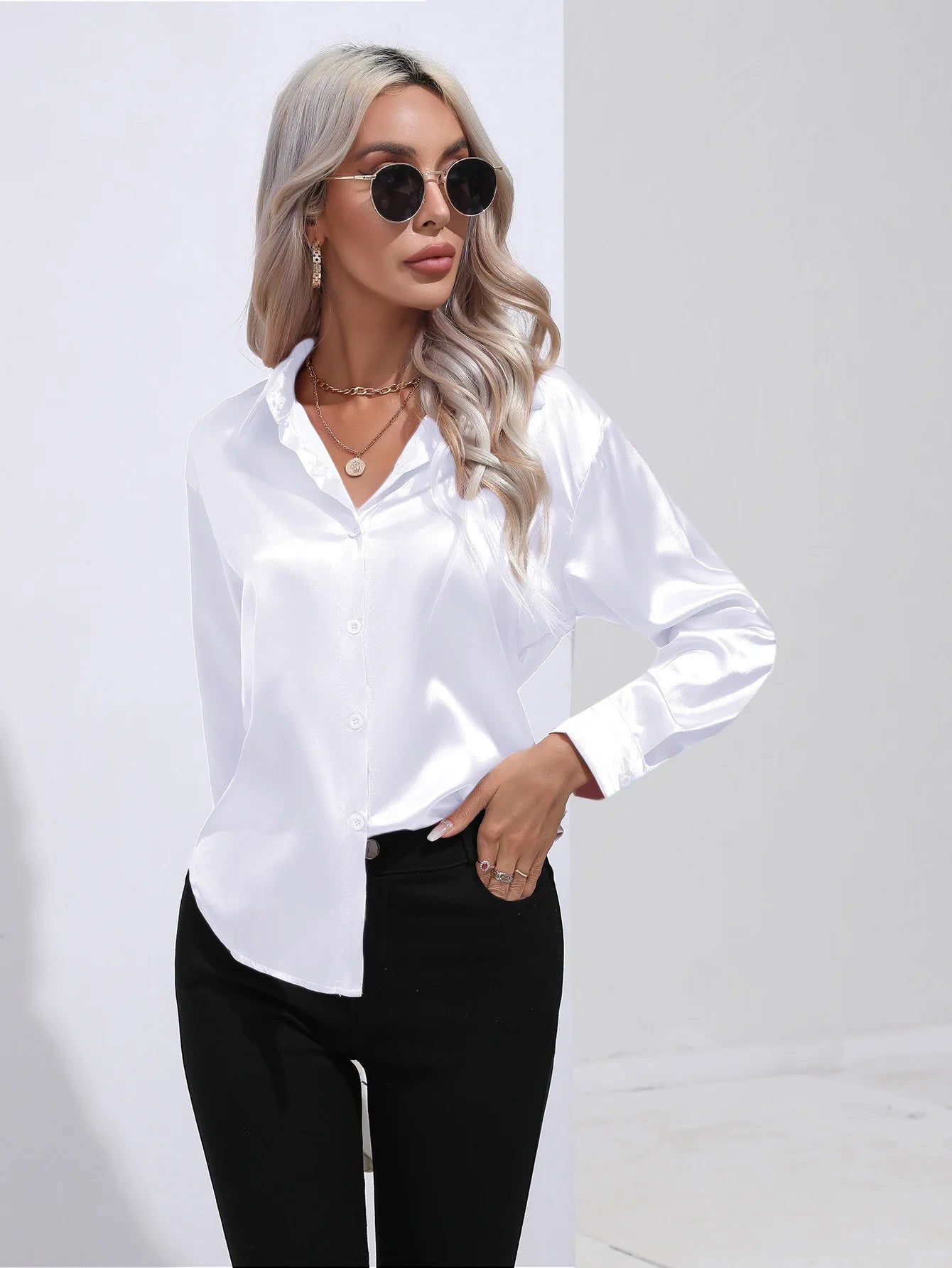 2025 Spring Summer Satin Shirt for Women, V-Neck Long Sleeve Silk Blouse Loose Office Shirt in Black White