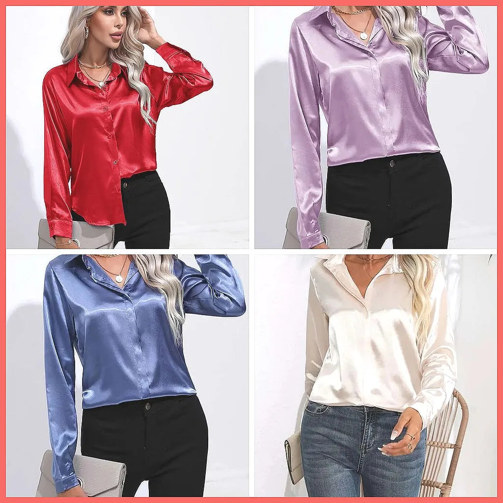 2025 Spring Summer Satin Shirt for Women, V-Neck Long Sleeve Silk Blouse Loose Office Shirt in Black White