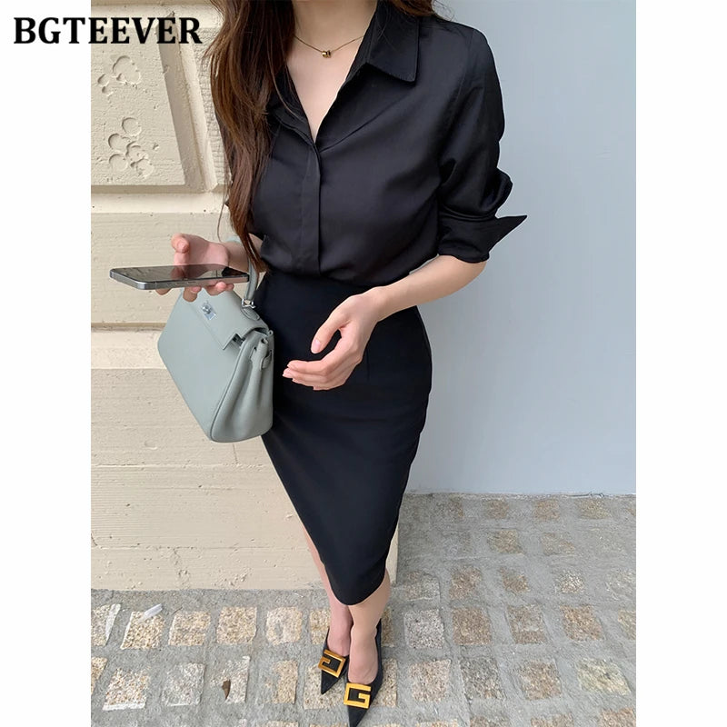 BGTEEVER Spring Summer Slim Ladies 2 Pieces Set Elegant Single-breasted Loose Shirts Blouses & Package Hip High Waist Skirts