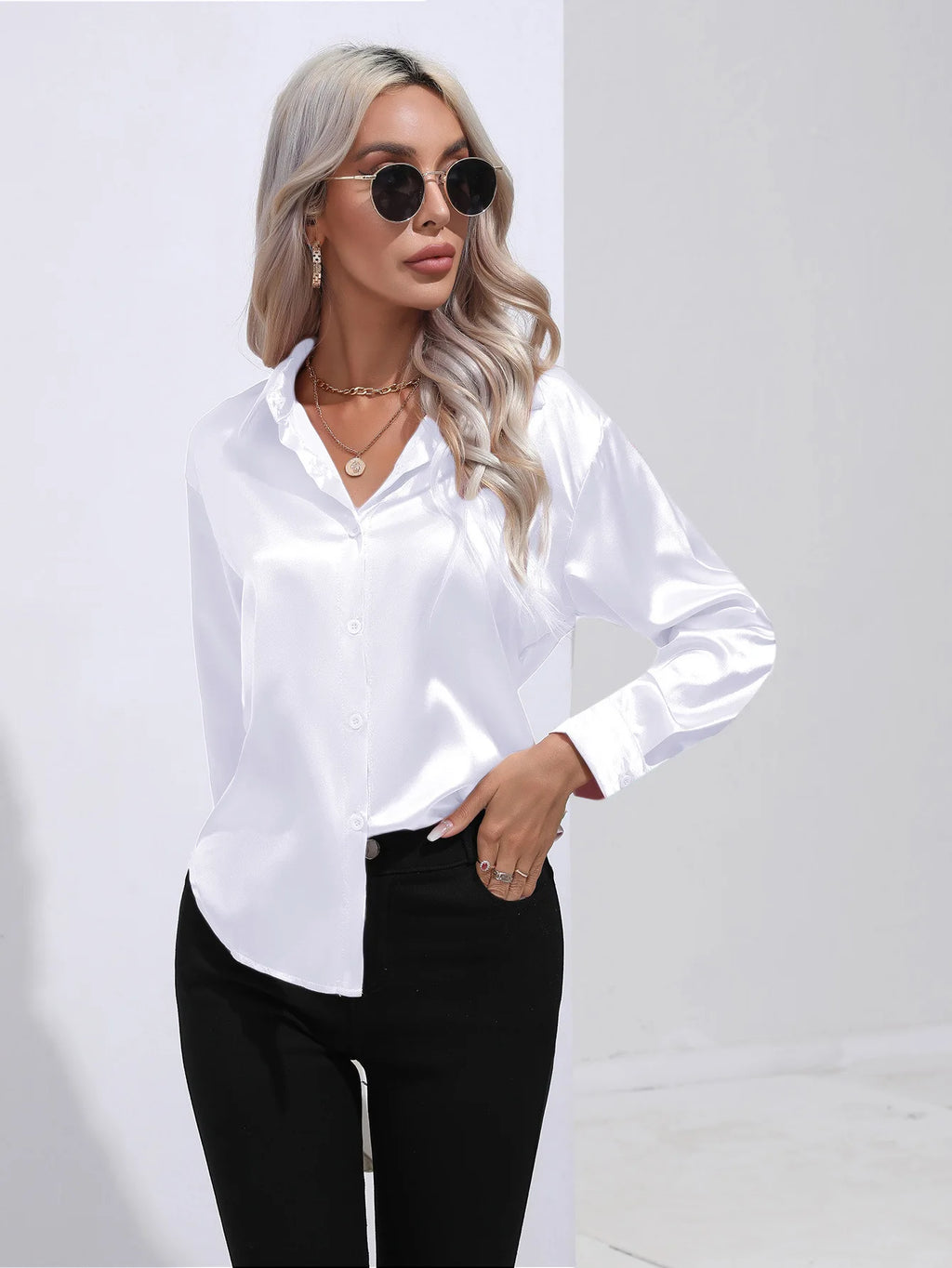 2025 Spring Summer Satin Shirt for Women, V-Neck Long Sleeve Silk Blouse Loose Office Shirt in Black White