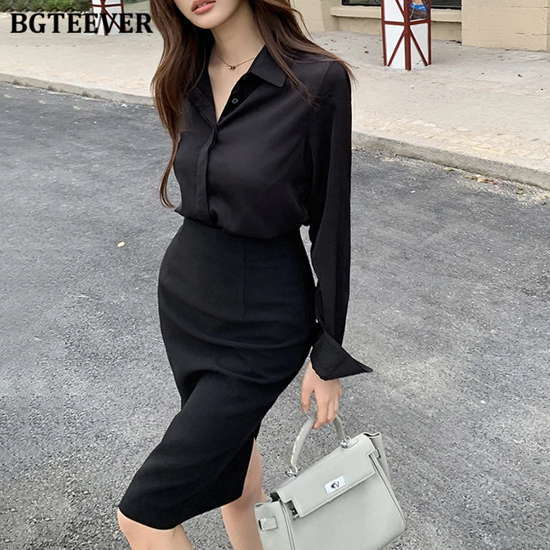 BGTEEVER Spring Summer Slim Ladies 2 Pieces Set Elegant Single-breasted Loose Shirts Blouses & Package Hip High Waist Skirts