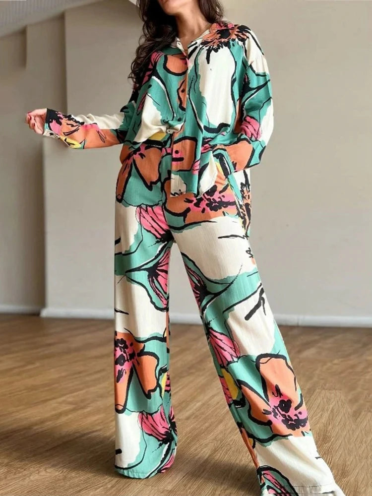 2 Pieces Women's Sets 2023 Summer Spring Flower Print Blouse Shirt Suit Tops And Pants Suits Two Piece Set Tracksuit Outfit